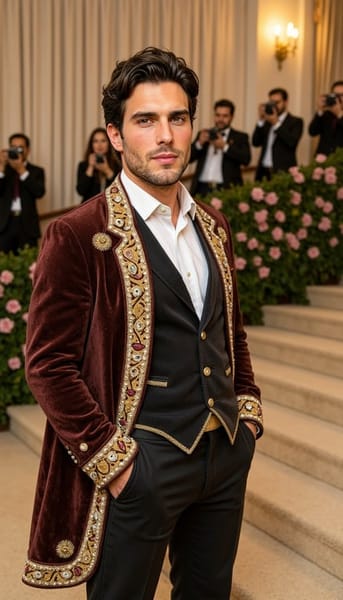 Background: actual 2026 Met Gala setting at the Metropolitan Museum of Art, grand stone steps, tan stone-garden carpet with moss-green patches, soft wisteria floral framing, polished marble, warm evening gala lighting, subtle photographers blurred in the background.
Model: fictional male model wearing a Renaissance-portrait-inspired velvet suit with a square-shouldered doublet silhouette, pearl embellishments, gold-thread embroidery, structured cape panels, and a regal stance with both hands calmly at the front.
Camera: centered straight-on full-body portrait shot, slightly low angle, polished red-carpet lighting.