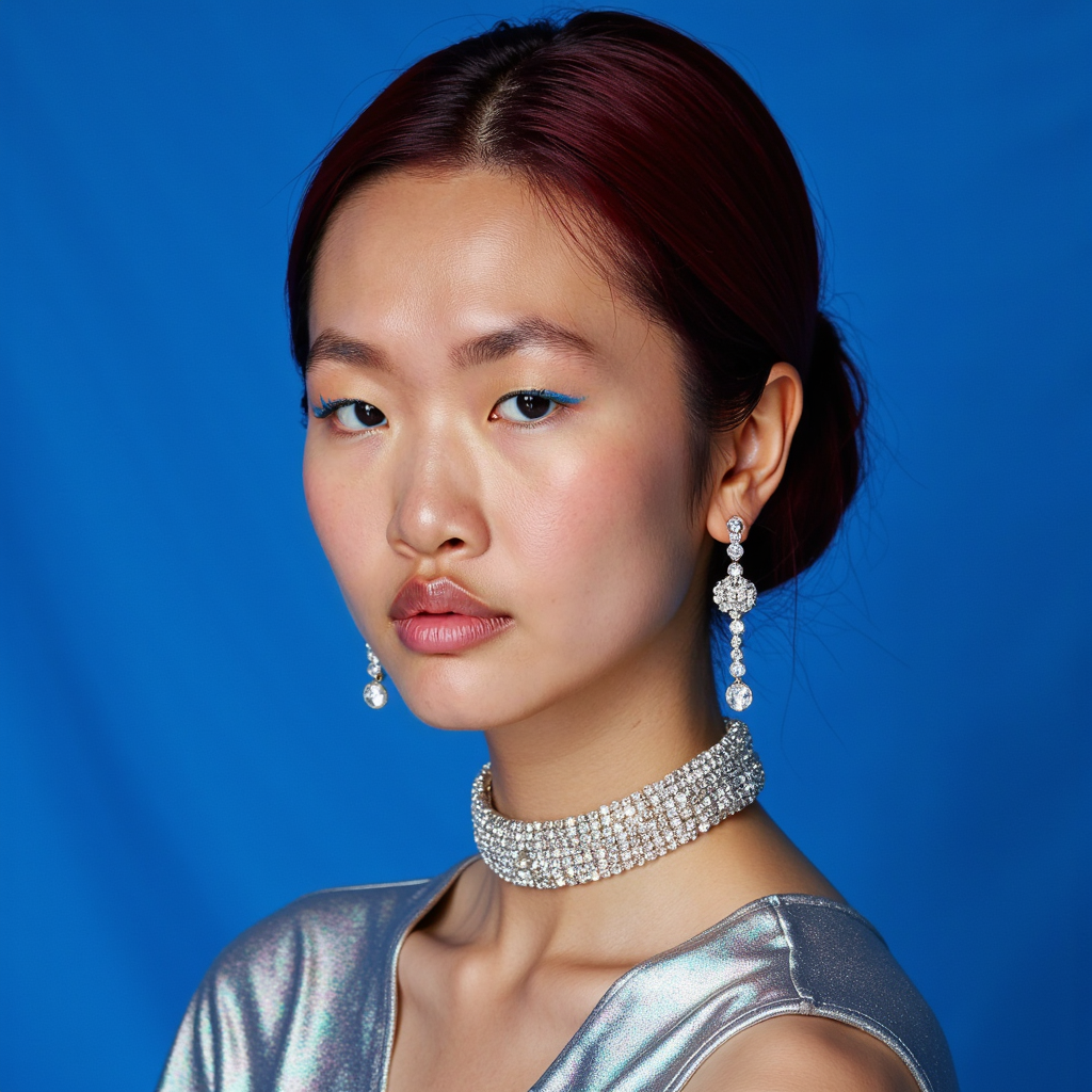 woman wearing a stunning couture gown that shimmers with an iridescent play of p