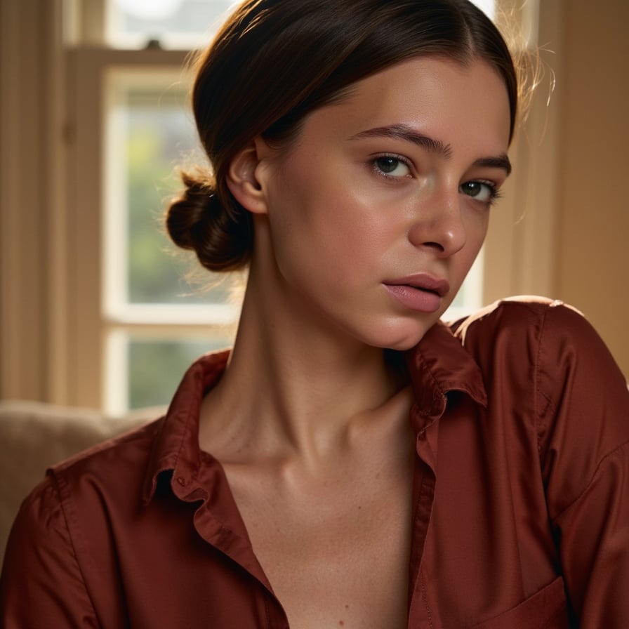 Highly detailed, highly realistic, hyperrealistic HDR close-up of a woman (female, -5°), capturing soft side profile as she turns her face halfway toward light. She wears a deep rust-red blouse with satin texture, visible smooth reflections along folds. Hair styled in an elegant low bun with a few loose strands glowing in backlight. Light outlines her jawline and highlights dust motes in the air. Background blurred into warm beige and faint greenery from window view. Expression serene, timeless Thanksgiving glow. Skin texture, eyelashes, and silk sheen visible in intricate detail. HDR, high resolution, high quality, highly detailed, photorealistic.