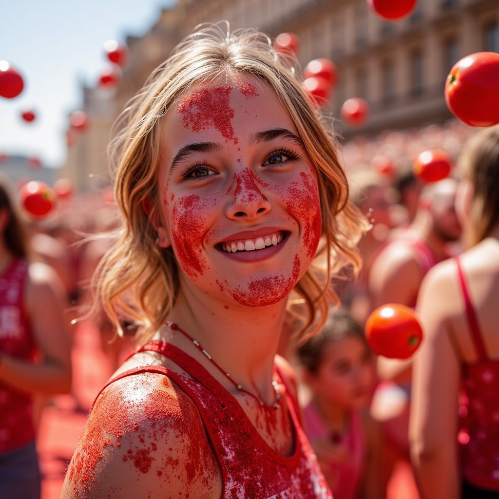 Candid headshot of a young festival-goer surrounded by flying tomato pieces, red juice mist in the air, wet hair slicked back, captured mid-chaos