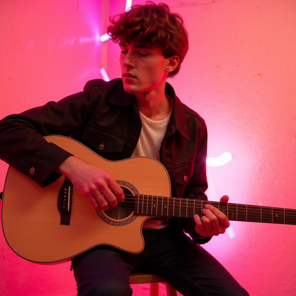 Knee-up portrait of a musician sitting on a wooden stool holding an acoustic guitar, warm ambient lighting, candid moment like a backstage session