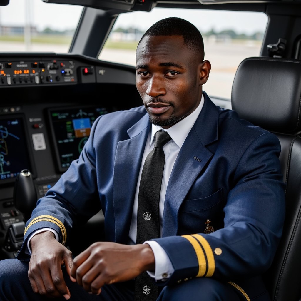 Highly detailed, highly realistic HDR image of a man airline pilot seated confidently in cockpit; navy uniform jacket with gold-trimmed epaulettes, crisp white shirt, black tie, captain’s hat resting beside. Camera: 24mm lens, f/4, ISO 640, wide shot capturing both pilot and partial dashboard, slight diagonal composition. Lighting: daylight streaming through cockpit window as natural key, panel lights adding faint cool glow; believable shadow across uniform. Pose: hands on yoke, eyes looking forward with composed focus. Background: blurred runway visible through windshield, minimal clutter.