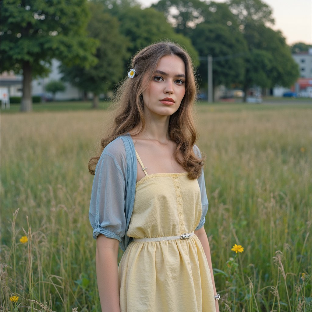 Ultra-realistic 1960s senior girl portrait taken outdoors in a meadow near the school, framed from the waist up with a 55mm lens at f/2 for creamy bokeh. She wears a pastel yellow A-line dress in lightweight cotton, the weave faintly visible, with a thin white belt cinching the waist. A lightweight cardigan in pale sky-blue is draped loosely over her shoulders. Her blonde hair is styled in a half-up twist with curled ends, a small white daisy tucked into one side. Her expression is serene, lips softly parted, gaze lowered toward the ground as if lost in thought. Sunlight filters through tall grass, casting delicate shadows along her dress and forearms. Background is a warm blur of wildflowers and school fencing far in the distance, barely perceptible.