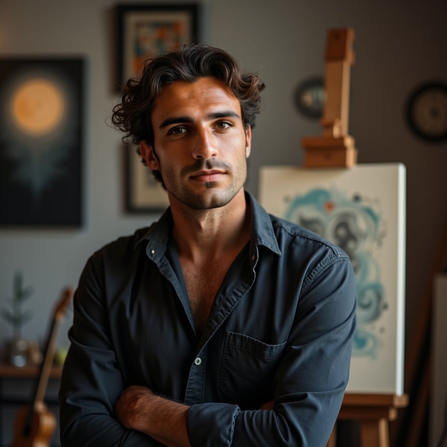 man in a dimly lit studio or gallery. He is wearing a simple yet stylish outfit, such as a dark shirt or jacket, with a canvas or musical instrument subtly visible in the background. His expression is thoughtful and creative, showcasing his artistic side