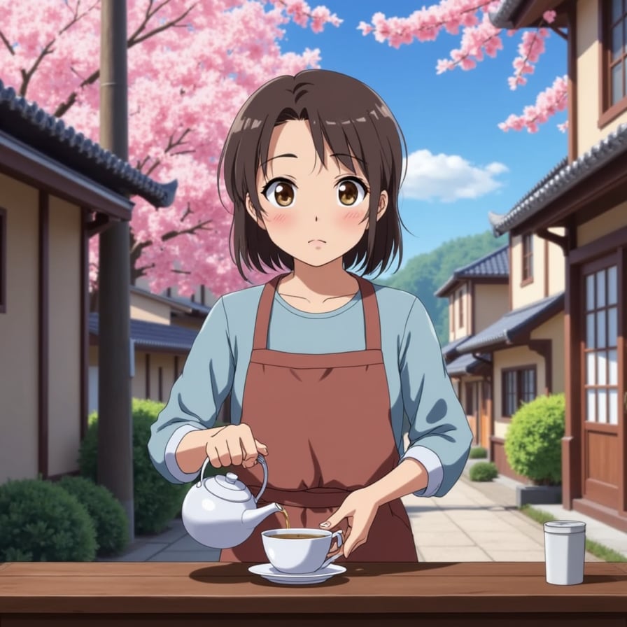 A kind yet wistful woman in her late twenties, wearing a cozy apron over a traditional dress. She pours tea in a quiet, nostalgic town where cherry blossoms drift through the air, capturing the warmth and gentle melancholy of a Studio Ghibli setting