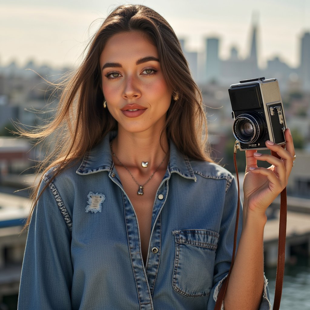 woman wearing a loose-fitting, artistically distressed denim shirt with subtle paint splatters on the sleeves. Her delicate, layered silver necklaces gleam subtly, complementing a pair of small, artisan-crafted stud earrings shaped like miniature aperture blades. She holds a beautifully preserved, antique medium format camera, its leather strap worn smooth, positioned casually in her left hand, a silent homage to her passion. Her right hand is gently raised, as if adjusting focus, creating a dynamic yet relaxed pose that exudes authentic creative energy. The background is a gently blurred sun-drenched cityscape, with distant, iconic architectural silhouettes creating a sense of expansive possibility.