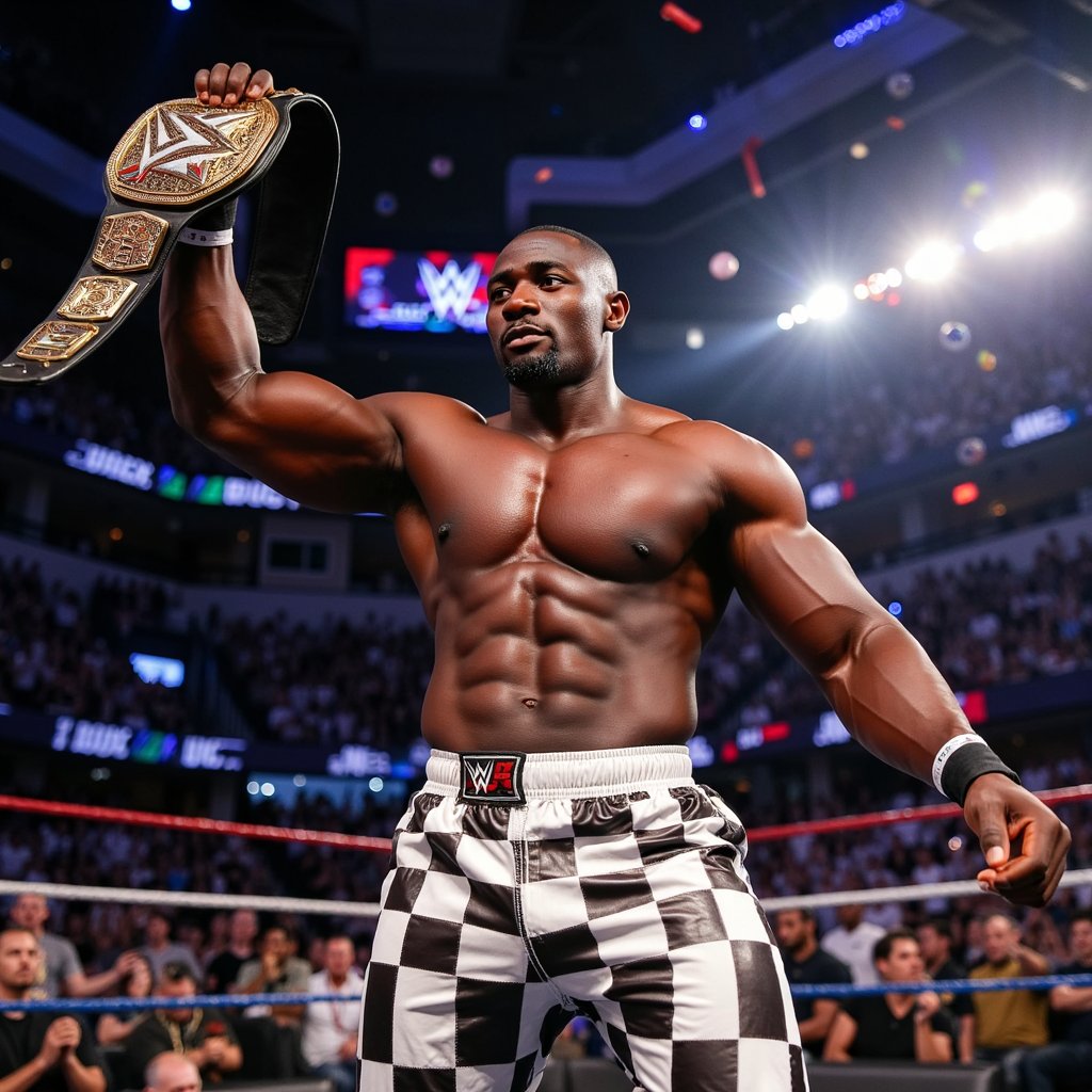 A male professional wrestler standing in an arena entrance, captured in a low-angle waist-up shot for intensity. Muscular physique with realistic skin texture, sweat, and lighting highlights. Lighting is dramatic arena lighting. Background includes crowd and LED screens blurred. Composition is powerful and energetic, highly detailed, highly realistic, HDR quality.