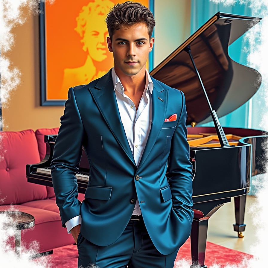 man wearing luxurious suit, surrounded by wealth and opulence, standing in a lavish living room with a grand piano and expensive artwork.