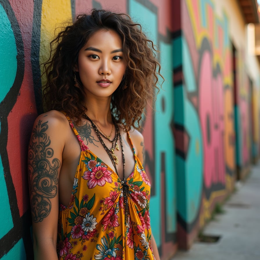 woman wearing vibrant colored dress, exotic floral patterns, curly hair, bright smile, warm sunlight, tropical paradise