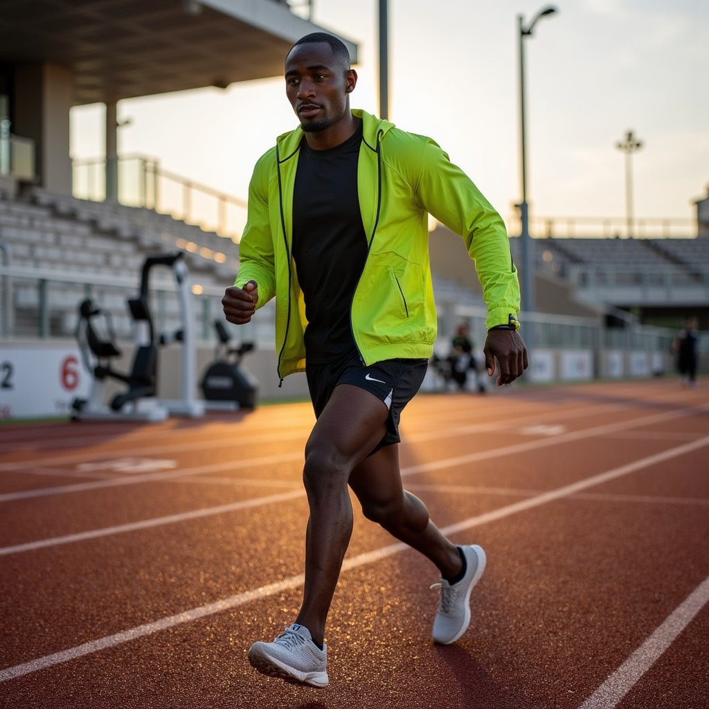 Man sprinting on a red tartan track at sunrise, breath visible in cool air; short fade haircut, slight stubble, intense forward focus; neon windbreaker half-unzipped over a compression tee, running tights layered with lightweight split shorts, knit mesh running shoes; dynamic panning shot at hip height to emphasize speed, 50mm, f/2.8, 1/60, ISO 200 with controlled subject sharpness and motion-blurred background; golden hour backlight with warm rim on shoulders and cool ambient fill from the sky; stadium bleachers and lane numbers softly blurred, minimal clutter; fabric wrinkles and reflective piping on windbreaker clearly rendered; highly detailed, highly realistic, HDR
