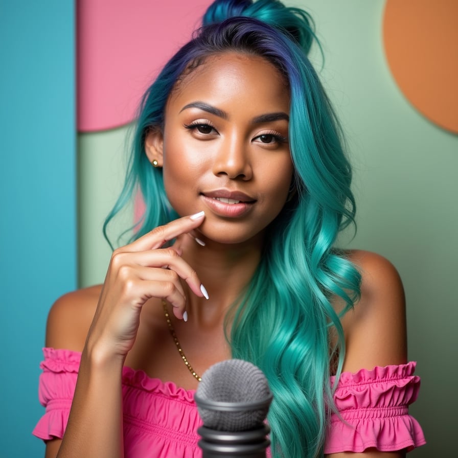 Create a customized thumbnail headshot of a woman with an expressive pose, such as holding her chin thoughtfully or gesturing energetically. She is wearing trendy clothing, with a vibrant and themed background that aligns with her content. The design should reflect her unique branding style