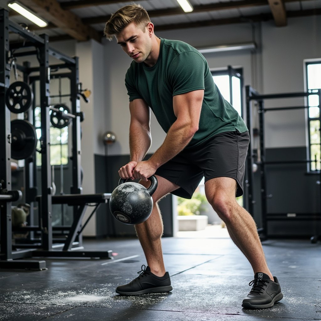 Man executing a two-hand Russian kettlebell swing at chest height in a minimalist functional gym; close-cropped hair, focused eyes; wearing a forest-green quick-dry tee (fine pique texture), black 7” training shorts, flat lifting shoes; both hands centered on handle with firm neutral grip (no intertwined fingers), chalk dust drifting; mid-distance frontal shot, 70mm, f/2.8, 1/1600, ISO 640 to freeze kettlebell and chalk; overhead strip LEDs as key with cool rim from open doorway, soft shadows on rubber flooring; background: plyo box and rack softly blurred, minimal clutter; sharp detail on cast-iron patina, fabric grain, forearm hair, and sweat sheen; highly detailed, highly realistic, HDR.
