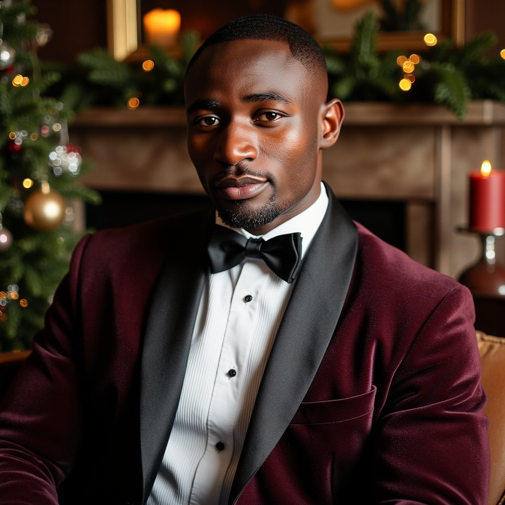 Close crop of a man in tuxedo (shawl-collar velvet dinner jacket, crisp pleated shirt, satin bow tie). Hairstyle: classic taper, slight quiff; clean shave. Fabric details: velvet nap, satin lapel reflection, micro-pleats. Camera: eye-level, 105mm macro-leaning portrait for extreme texture fidelity, f/2.0. Lighting: soft directional key (large softbox or window) + faint practical back glow from the tree for hairline separation. Background: blurred Christmas tree with crystal and glass ornaments, warm golden fairy lights; no extra props. Pose: chin slightly down, eyes centered, confident but soft gaze. Render: highly detailed, highly realistic, HDR; precise lapel edge and shirt pleat definition; natural skin pores.