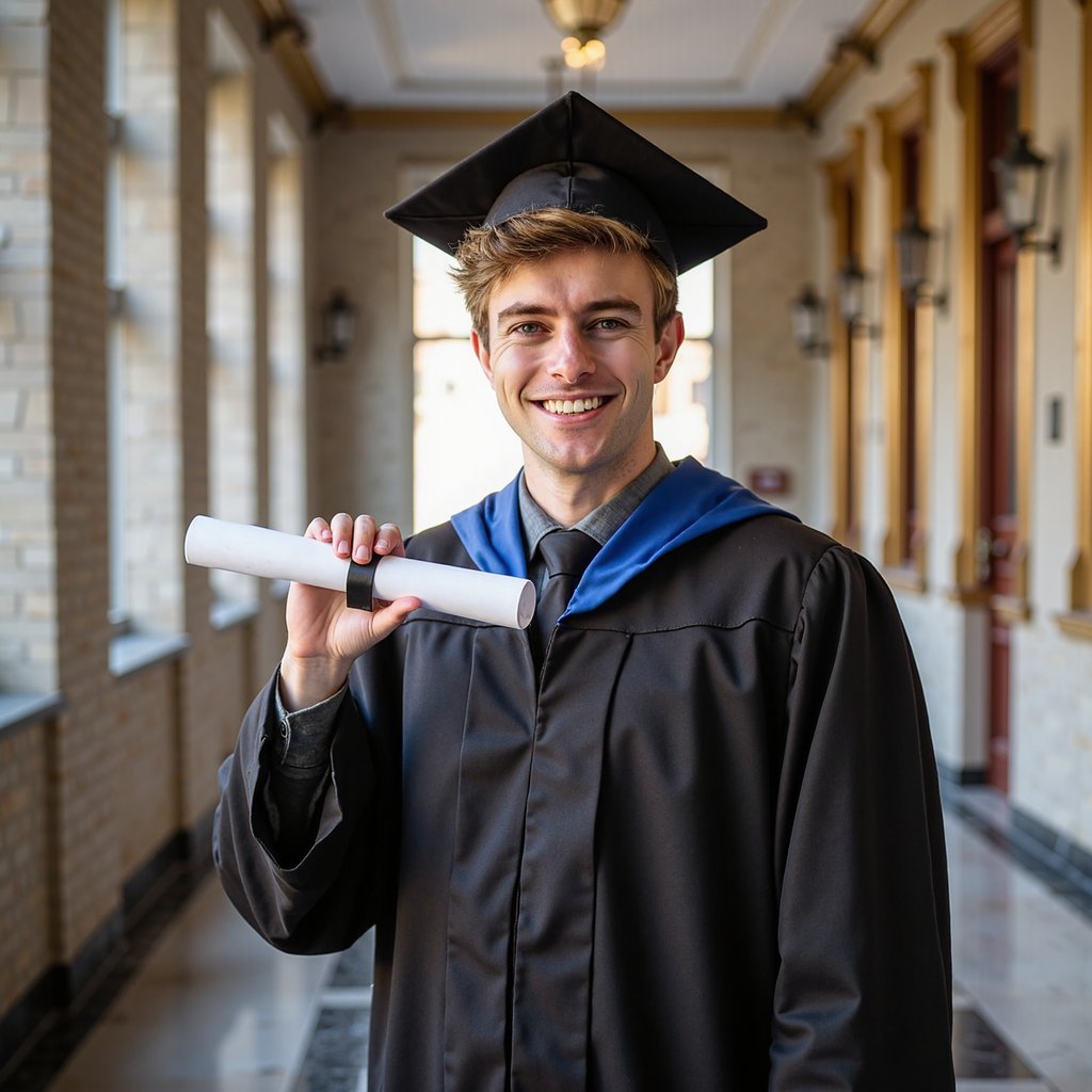 Waist-up portrait of a man graduate holding a rolled diploma forward in one hand while his face remains sharply in focus behind it; slight depth-of-field play where diploma foreground is soft; wearing a black gown with navy hood, neatly combed side-parted hair, light smile; camera at chest level angled slightly upward, 85 mm lens, f/2, ISO 100; directional side light from window to left, warm fill reflector on right; background: faint blurred university hallway with golden accents; textures visible—diploma paper fibers, matte gown folds, silk hood trim; tonal depth clean, highly detailed, highly realistic, HDR rendering.