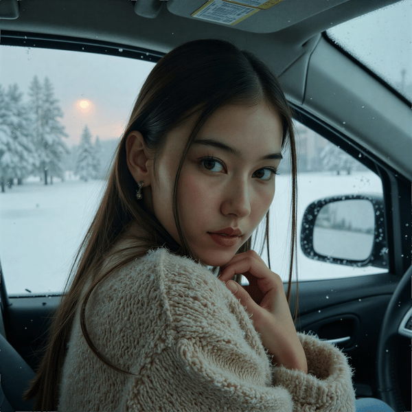 woman chest-up sitting inside a car with frosted windows, soft winter light entering from the side, snow visible outside the glass, blurred headlights in the distance, clean framing, highly detailed, HDR