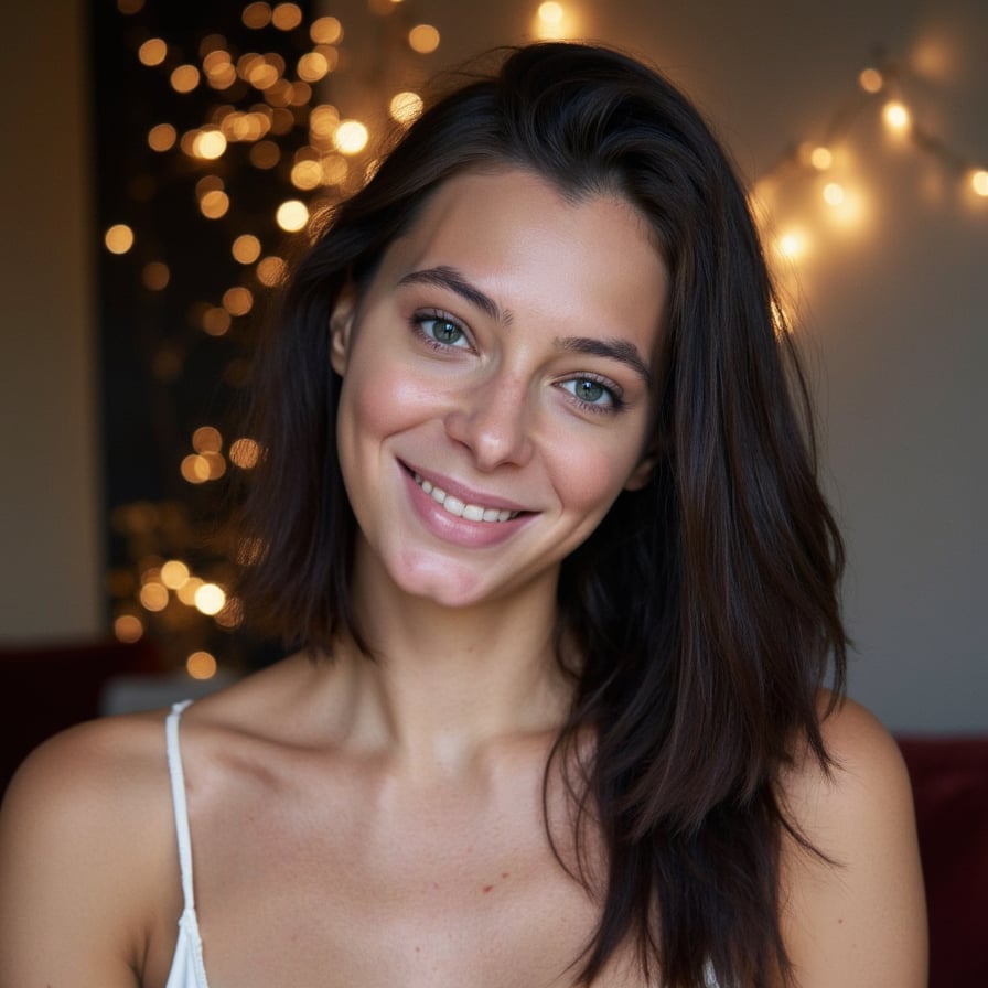 Highly realistic, HDR AI-generated New Year headshot, shoulders-up framing. A person seated in an elegant lounge or party space, smiling confidently toward the camera. Wearing refined New Year evening attire. Hair well-groomed, realistic skin detail. Background features warm decorative lights, subtle party decor, and faint fireworks glow, softly blurred. Clean, flattering lighting on the face. Ultra high resolution, polished New Year celebration image ideal for posts and greetings.