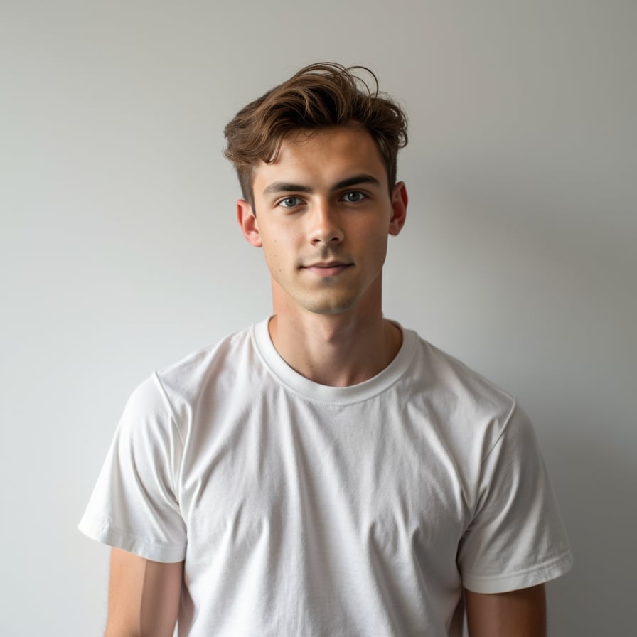 A passport-size photo of a young adult wearing a casual t-shirt, smiling subtly but neutrally. The background is plain white, and the lighting is soft and evenly distributed. The subject is centered, looking straight into the camera