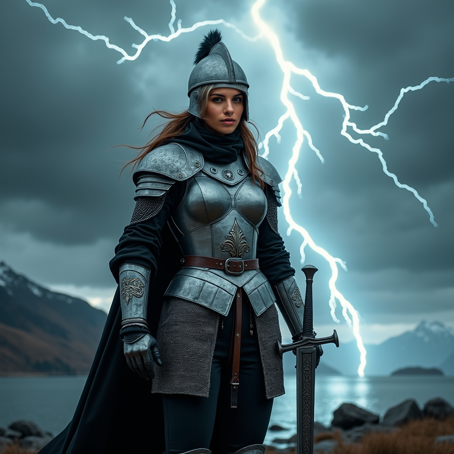 woman in medieval armor, silver-chainmail and leather, wielding a double-edged s