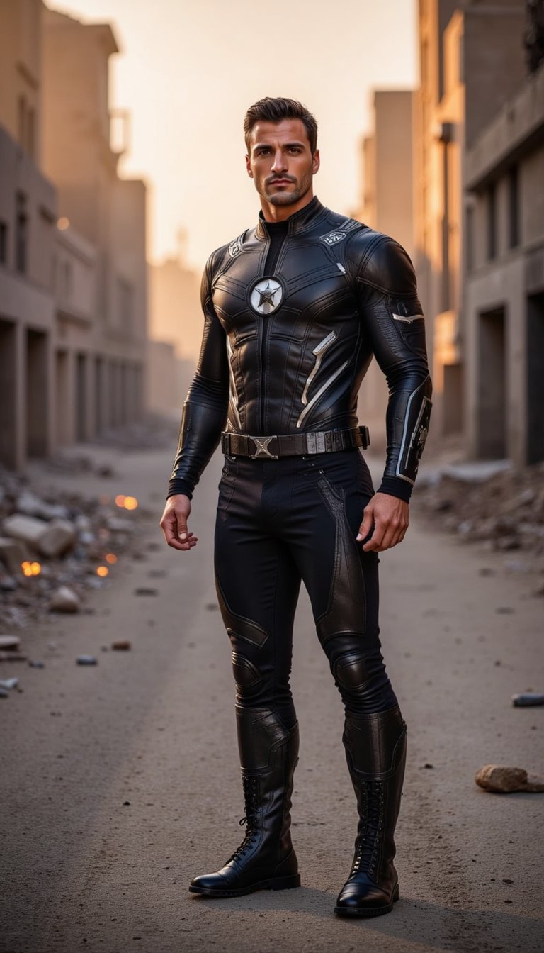 A male superhero stands among the rubble of a city street, dust swirling in the air, parts of his suit scratched and battle-worn. Flames flicker in the distance as the golden-hour light hits from the side, casting long shadows and capturing the quiet intensity after victory.
