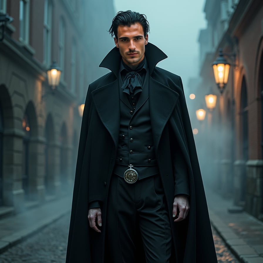 Create a scene of a vampire man in Victorian attire, with a high-collared black coat and a silver pocket watch, standing in a foggy cobblestone alley. He has pale skin, sharp features, and his dark hair is slicked back. His expression is intense, as if he's waiting for someone or something. The gas lamps cast a soft glow in the fog, giving the scene an eerie, suspenseful mood.