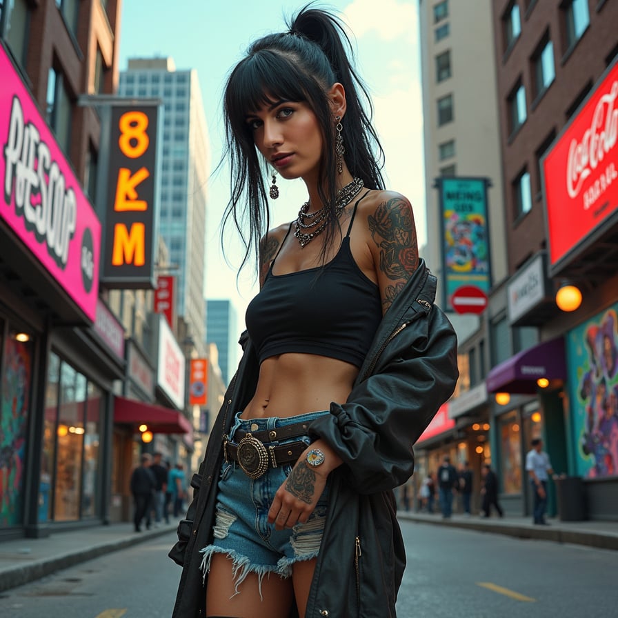 woman wearing trendy outfit and sneakers, walking confidently down a bustling city street, surrounded by tall skyscrapers and neon billboards, warm sunlight casting a flattering glow on her face and hair.