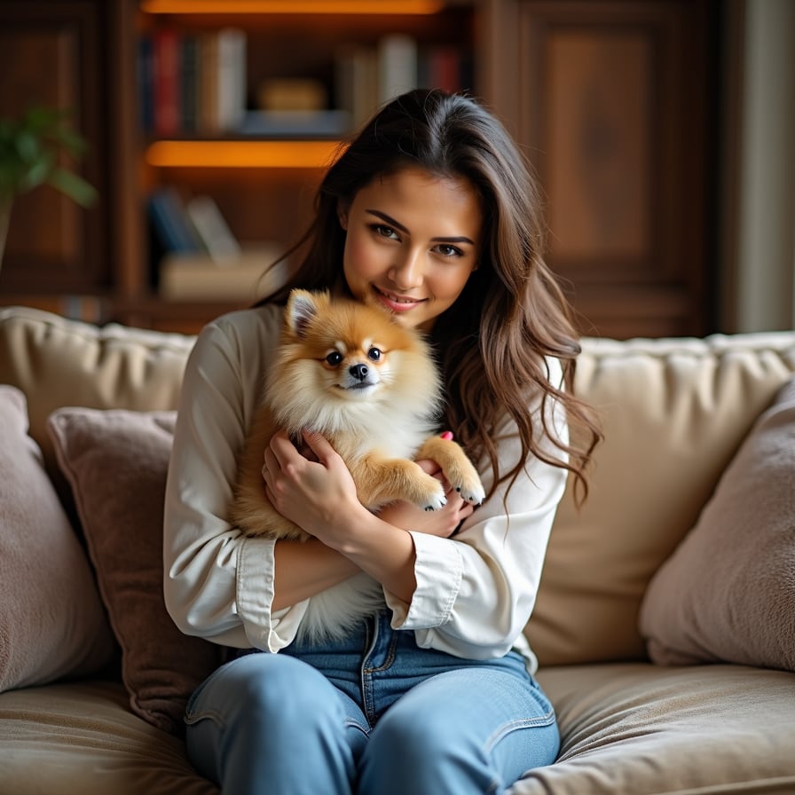 woman cuddling her small, fluffy Pomeranian dog, wearing a trendy blouse and high-waisted jeans, sitting on a plush velvet sofa, surrounded by soft cushions and a warm-toned rug, against a cozy living room backdrop with dimmed golden lighting, and a blurred-out bookshelf in the background.