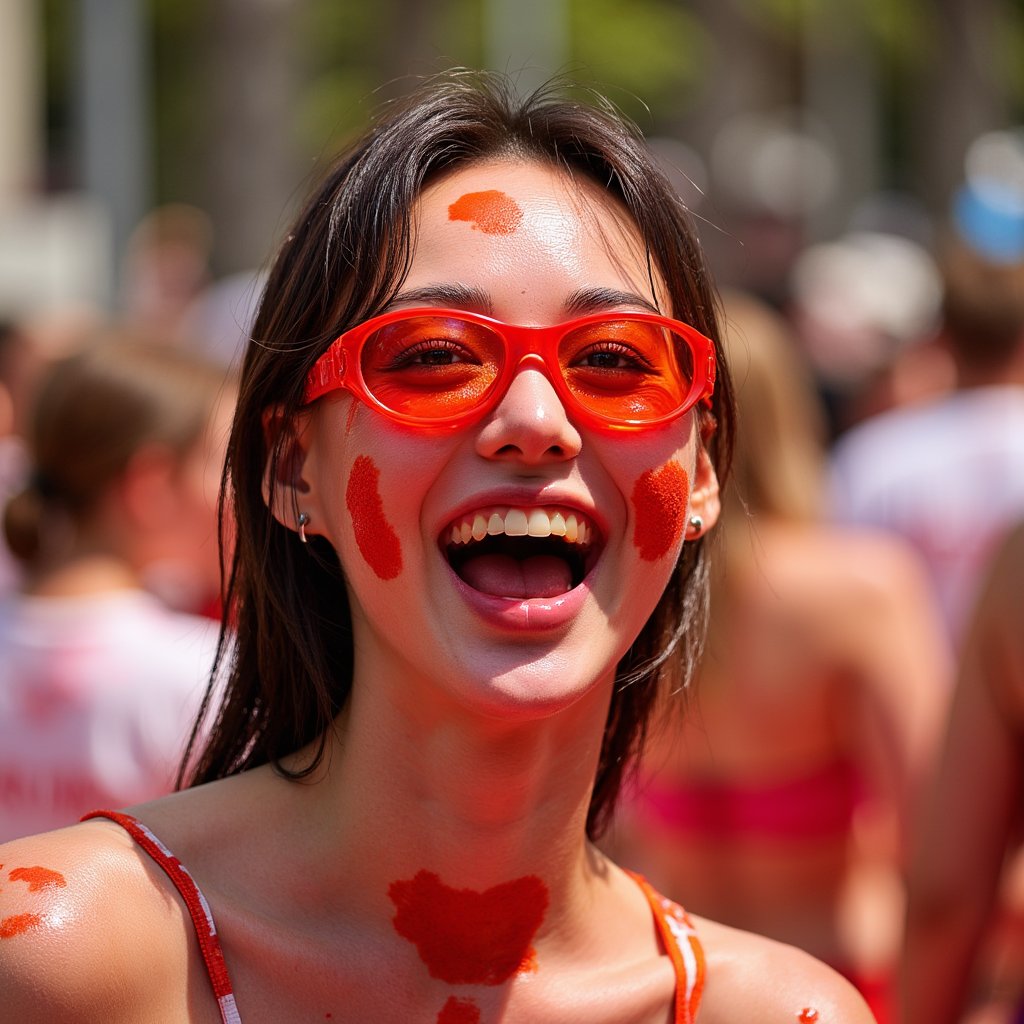 Close-up portrait of a joyful woman mid-laugh, face splattered with tomato juice, hair soaked, wearing protective goggles, La Tomatina festival vibe