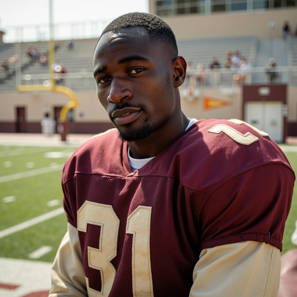 Hyper-realistic 1960s high school football captain standing on the 50-yard line, framed waist-up with a 55mm lens for balanced perspective. He wears a heavy wool-blend football jersey in deep maroon, slightly faded from repeated washing, with large cream-colored felt numbers stitched onto the chest — stitching threads visible at close range, edges slightly frayed. Underneath, thick cotton shoulder pads give the upper body a structured, squared-off silhouette. His dark hair is neatly parted to the side and combed back with pomade, individual strands catching sunlight in a subtle sheen. The face shows realistic athletic details — lightly tanned skin, a faint bead of sweat on the temple, light freckles across the nose, faint shadow of stubble along the jawline, and creases at the corners of the eyes from squinting in the sun. Expression is confident but approachable, lips pressed into a faint half-smile, gaze directed just above the lens. Afternoon sunlight from the right casts a warm glow along his cheekbones and nose bridge, with a soft fill from the grass reflecting below. Behind him, the blurred background reveals muted bleachers, a distant goalpost, and soft green turf, all rendered in creamy bokeh to isolate the subject while keeping the nostalgic school setting intact.