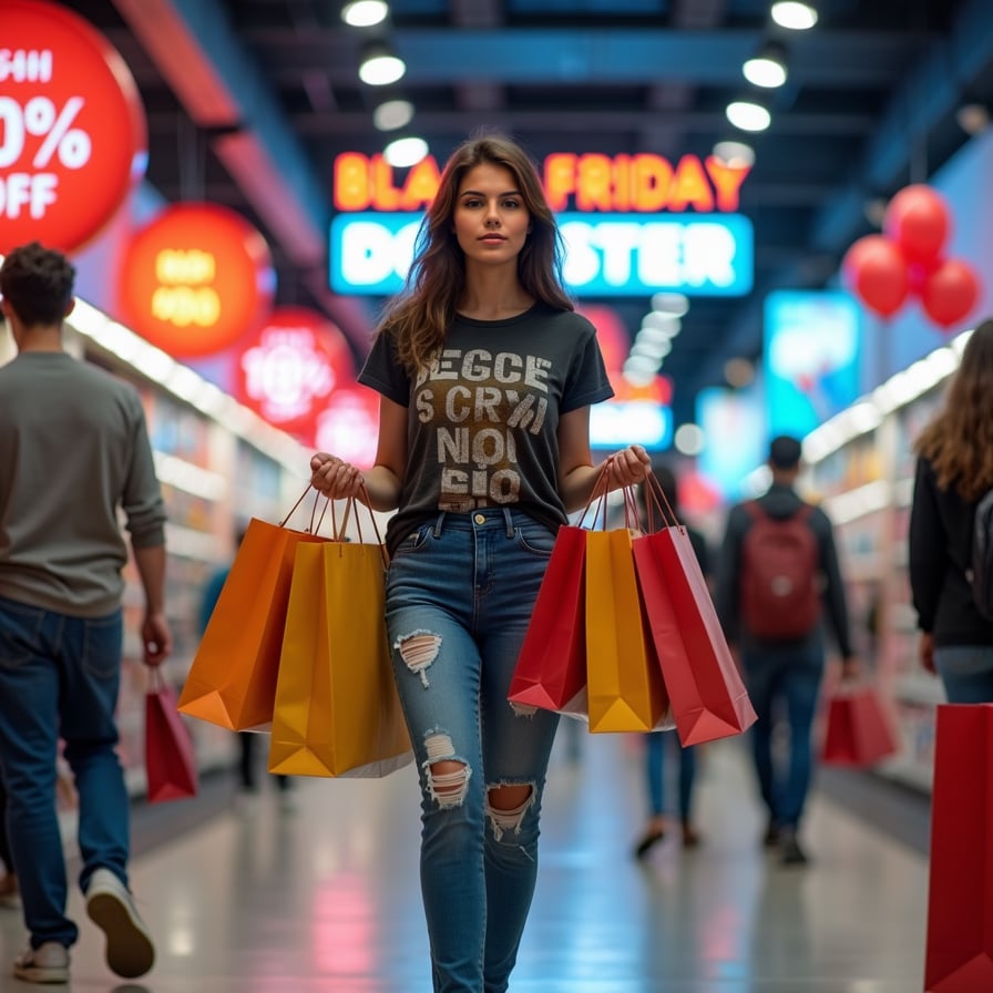 "Doorbuster deal hunter, wearing a comfortable graphic t-shirt and distressed denim jeans, holding a numerous shopping bags, surrounded by sale signs and balloons, in a chaotic and crowded shopping mall, under bright and flashing neon lights, with a bold and eye-catching font 'BLACK FRIDAY DOORBUSTER 50% OFF' in the background."