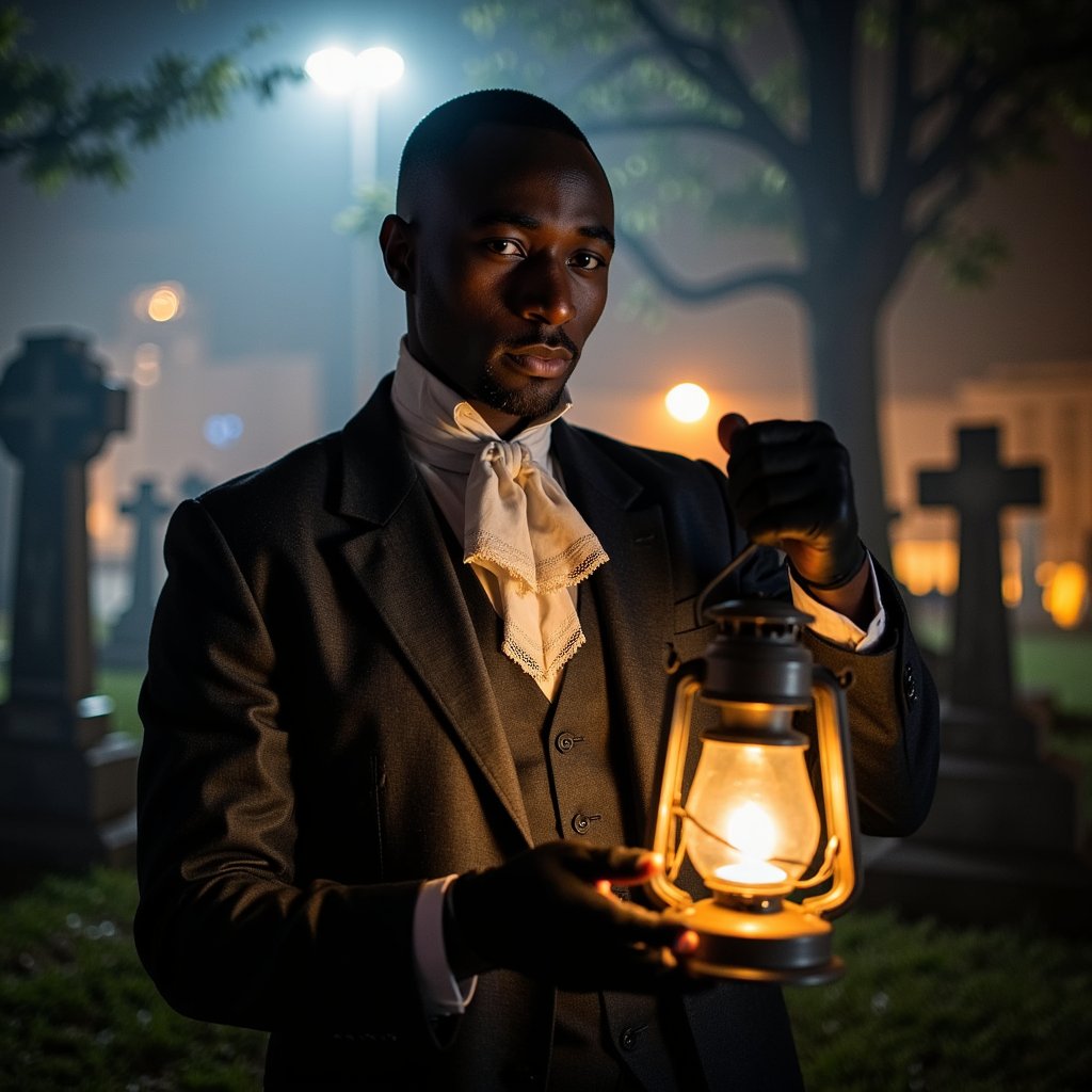 Medium-wide shot at chest height, 35 mm, f/2.2, ISO 640, 1/80 s. Main light: a lantern in his hands casting warm upward glow on his pale face and antique lace cravat, while his charcoal suit remains mostly in cool moonlight shadow. The lantern’s light fades quickly, leaving his legs and ground dimly visible through drifting fog. Moonlight from above creates a faint halo on surrounding gravestones. Focus is sharp on his face and gloves; background softened by atmospheric haze. Highly detailed, highly realistic, HDR.