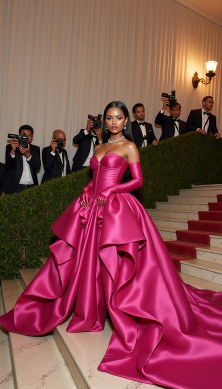 A full-body luxury Met Gala red carpet portrait of a glamorous woman wearing a b