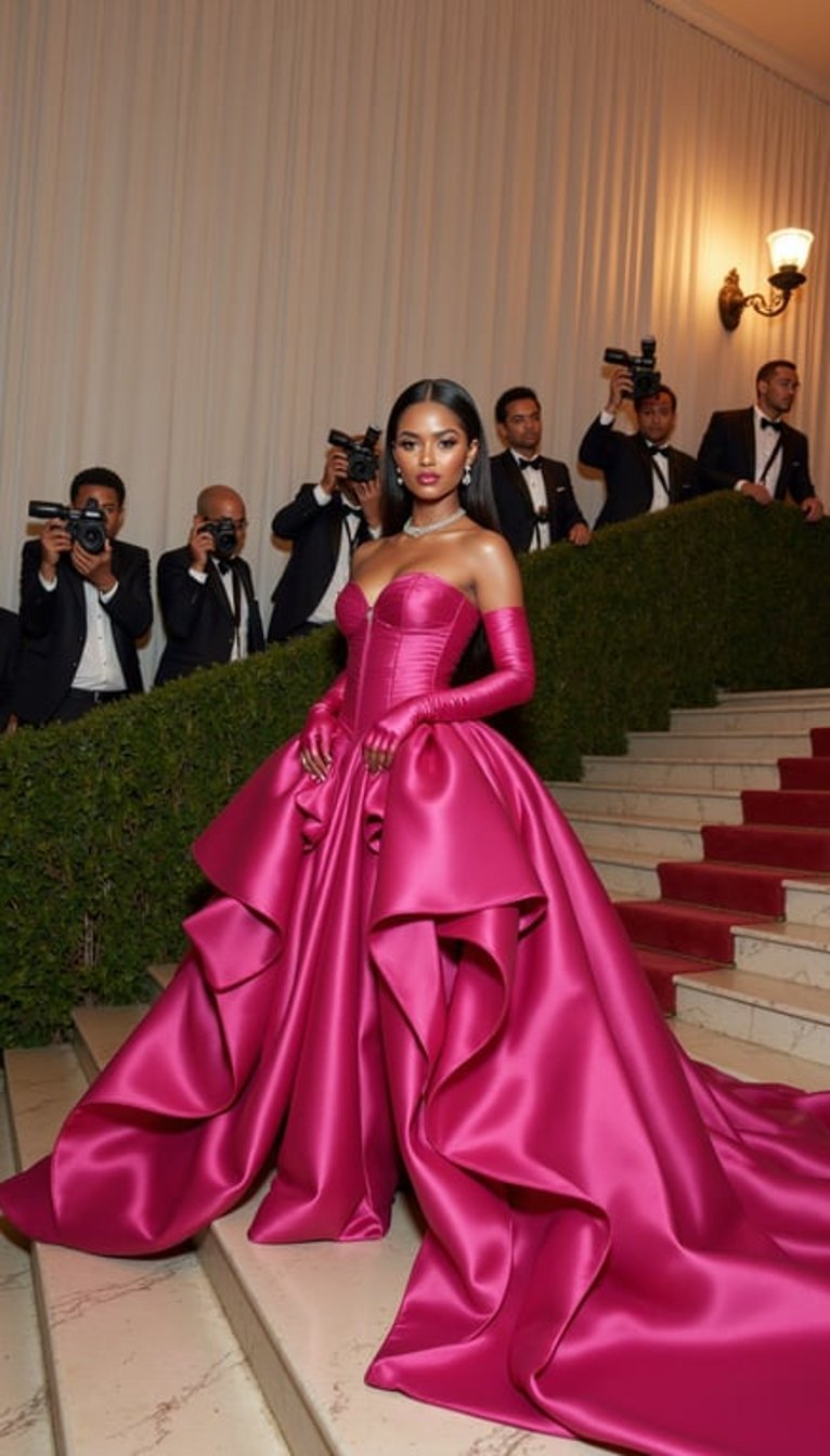 A full-body luxury Met Gala red carpet portrait of a glamorous woman wearing a bright hot-pink satin couture gown with an old Hollywood silhouette, structured corset bodice, off-shoulder neckline, long opera gloves, and a dramatic oversized bow train flowing behind her. Add diamond jewelry, glossy waves, bold lipstick, and a confident vintage starlet pose. Background includes paparazzi, floral installations, hedges, and luxury gala lighting. Ultra-realistic editorial fashion photography, vibrant color, sharp details, elegant couture styling