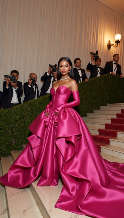 A full-body luxury Met Gala red carpet portrait of a glamorous woman wearing a b