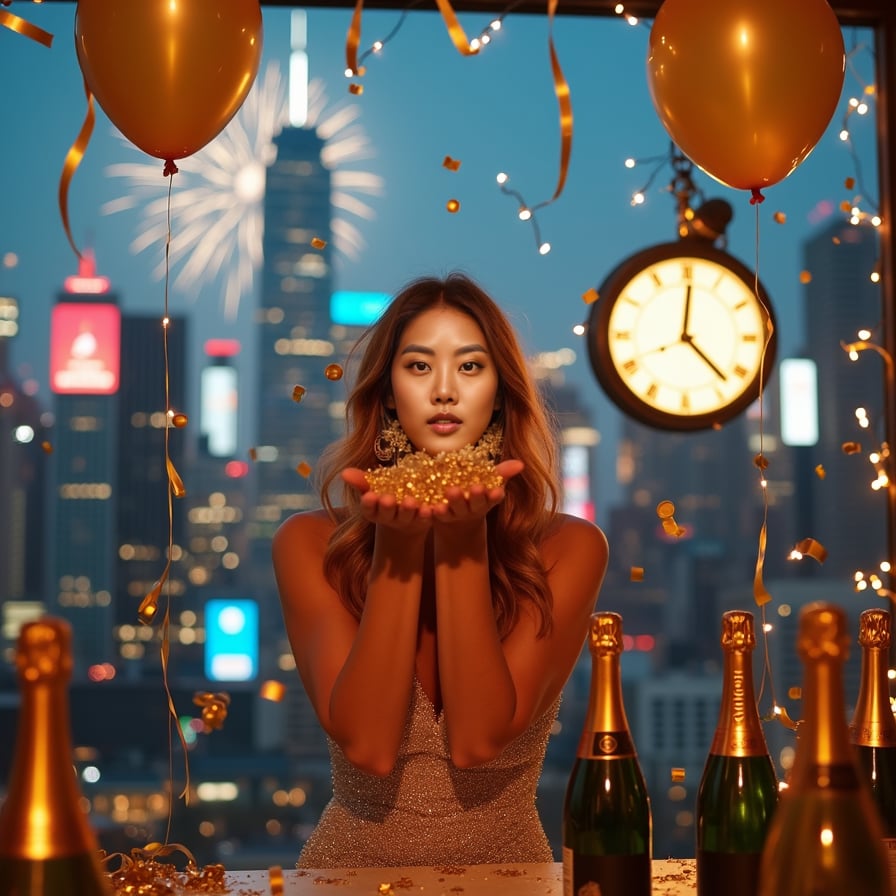 A woman captured mid-laugh as she blows glittery confetti towards the camera. Her dress, a radiant shade of silver, sparkles under the glow of fairy lights, and the background is filled with golden balloons, streamers, and a clock that has just struck midnight