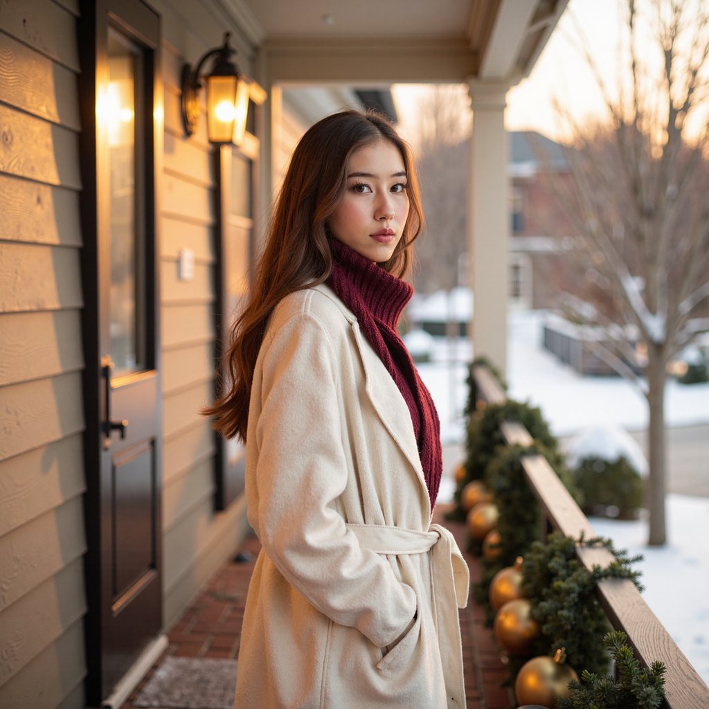 Waist-up portrait of a woman standing on a decorated porch during golden-hour winter light, body angled 25° from the camera, turning gently back toward the lens. She wears a cream wool wrap coat with a soft tie belt and a burgundy knit scarf layered neatly.
Hair: loose waves with halo-like warm highlights from sun.
Makeup: peach-gold luminous tones, soft coral lip.
Lighting: natural golden hour sunlight wraps around her hair (strong rim light), with a soft reflector fill from the front.
Background: blurred porch railing wrapped in garland and a few gold ornaments — minimal clutter, clean framing.
Camera: 85mm f/2; highly realistic, highly detailed, HDR, with strong emphasis on sunlit hair texture and wool fibers.