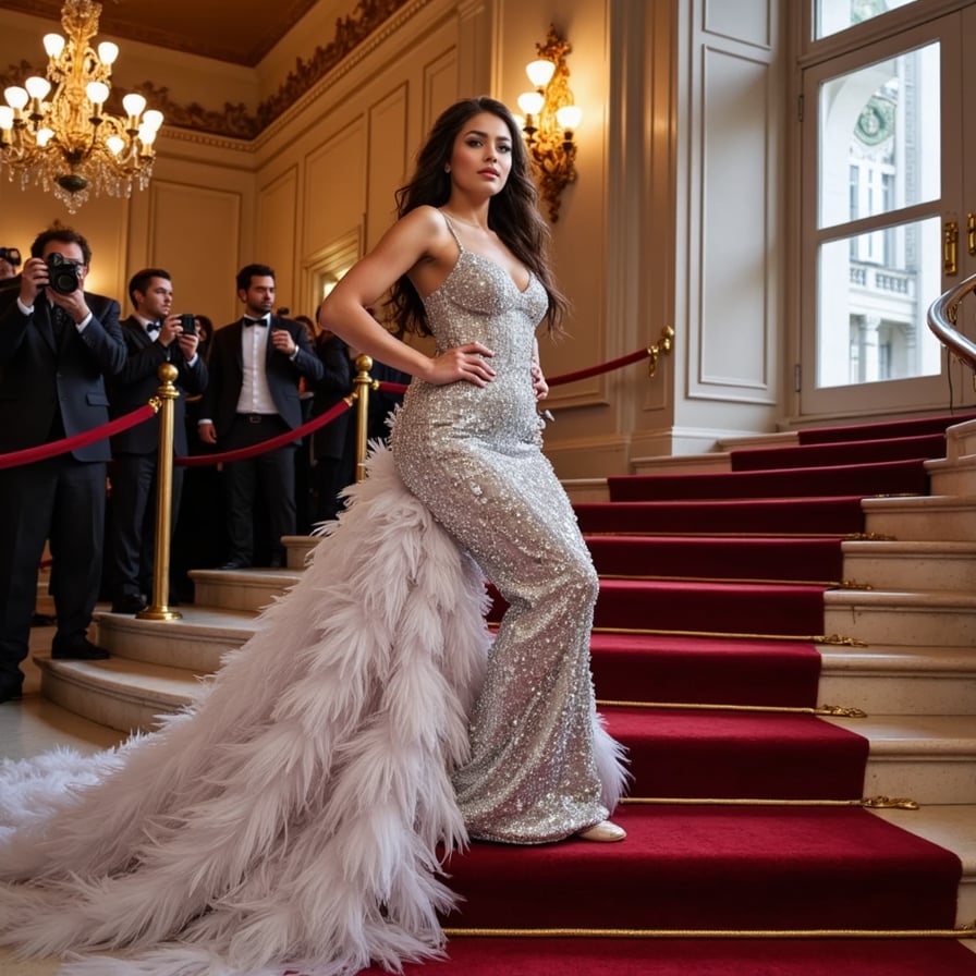 A woman in a high-drama sculptural gown made of latex and feathers, with a sharp silhouette, reflective textures, and bold makeup, Met Gala ready