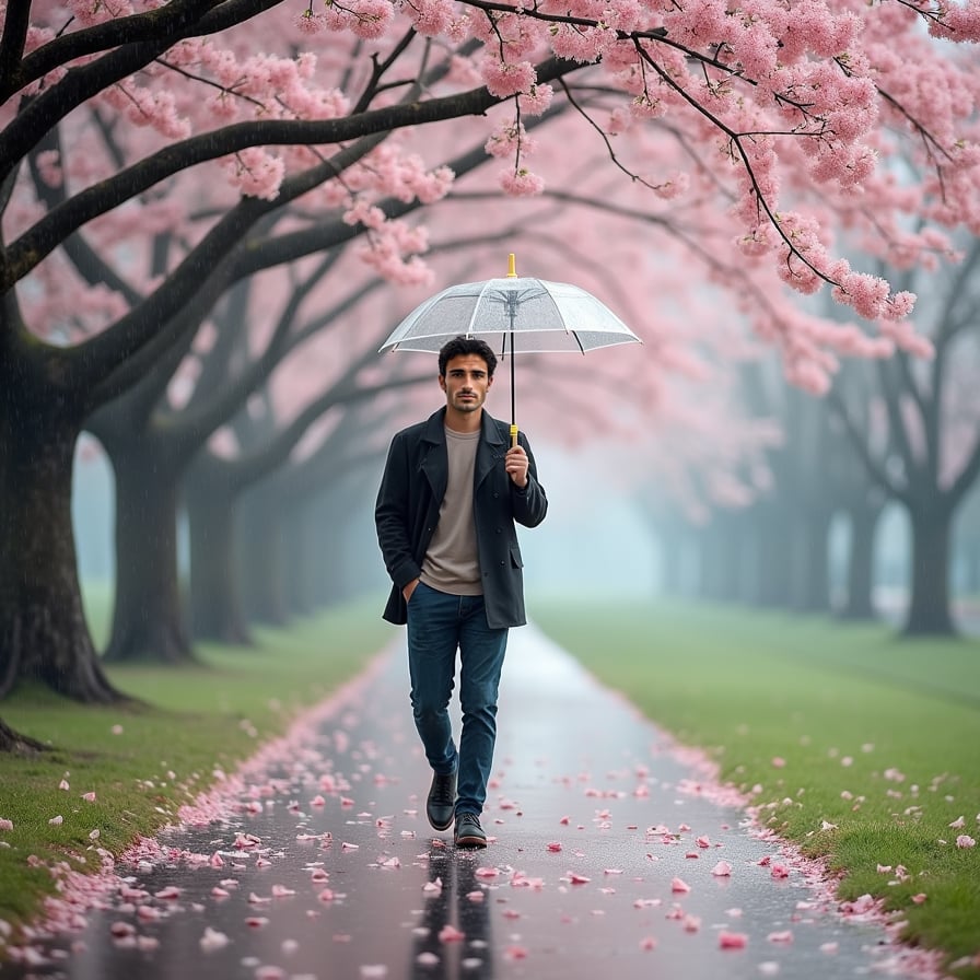 A man with an umbrella walks along a quiet park path lined with cherry blossoms in the gentle rain. The wet ground reflects the pink petals, creating a dreamy, romantic scene.