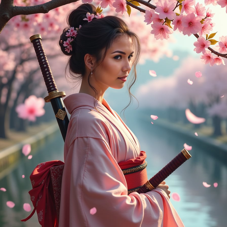 A fierce female samurai, dressed in ornate armor, stands beneath a sakura tree in full bloom. Her katana rests on her shoulder, and pink petals swirl around her as she gazes into the distance with a determined expression.