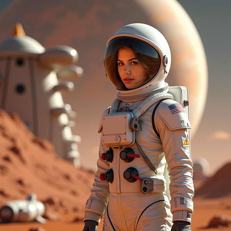 woman wearing a sleek white spacesuit, Mars landscape background with red planet terrain and dust storms, constructing a futuristic habitat module, with tools and components scattered around her, confident pose with a sense of determination and pioneering spirit.