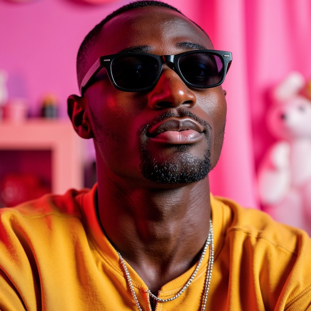 man in a vibrant, expressive look, styled with a bold pop-inspired aesthetic. The scene is infused with vivid pink tones, soft neon lighting, and nostalgic retro elements. His appearance is relaxed yet confident, channeling the mood of creative freedom and emotional uplift. The background features soft textures and playful graphic accents. Hyper-detailed, saturated colors, smooth lighting gradients, retro-modern vibe