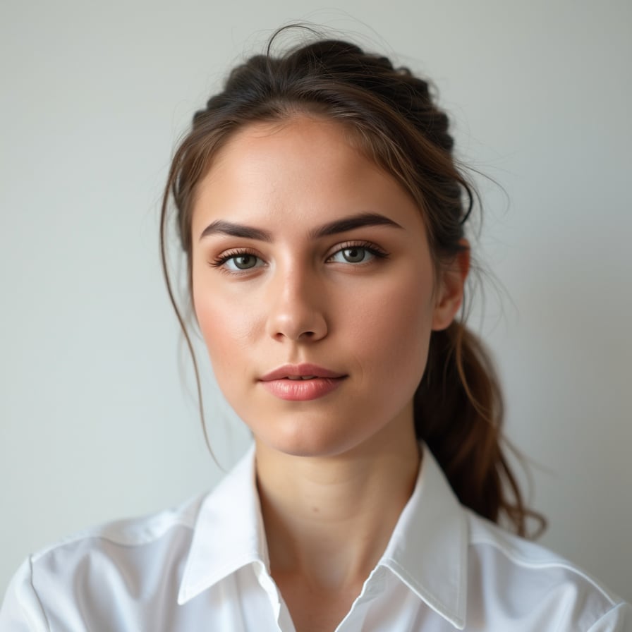 A passport-size photo of a person with a neutral expression, facing forward, looking directly at the camera. The background is plain white, the lighting is even, with no shadows. The subject is wearing a neat shirt, no headgear, and no glasses, adhering to standard passport photo guidelines
