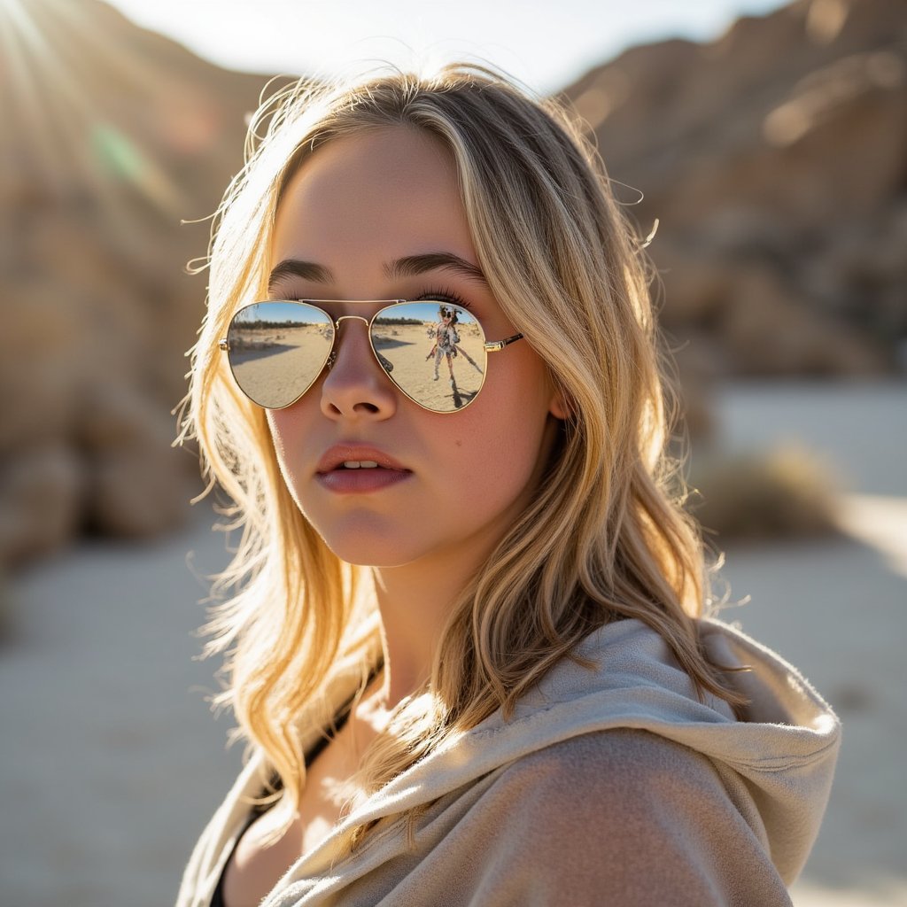 Artistic portrait of a Burning Man attendee wearing mirrored face gear and flowing desert cape, soft focus, surreal desert lighting