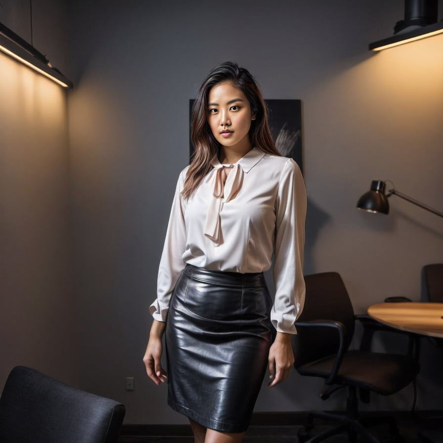 Woman in dark outfit, minimalist backdrop, professional, confident.