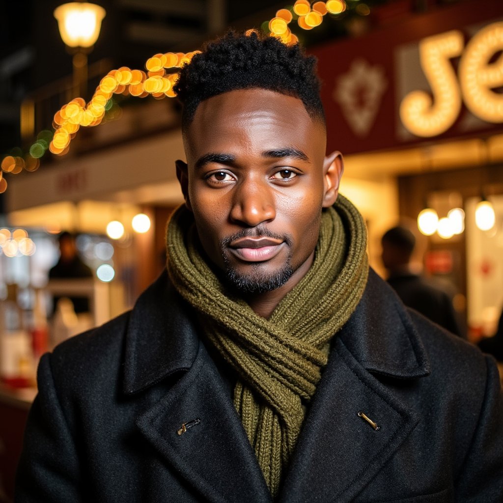 Head-and-shoulders portrait of a man at a Christmas market, framed slightly off-center. He wears a charcoal wool peacoat and a textured olive knit scarf wrapped neatly.
Hair: styled with matte texture; short beard with crisp definition.
Lighting: warm market stall lights from behind creating golden rim light, with soft diffused key from the front.
Background: blurred warm bokeh from market booths and string lights—no clutter, clean, inviting glow.
Camera: 50mm f/1.6; highly realistic, highly detailed, HDR, revealing wool fibers, scarf stitching, and rich market light.