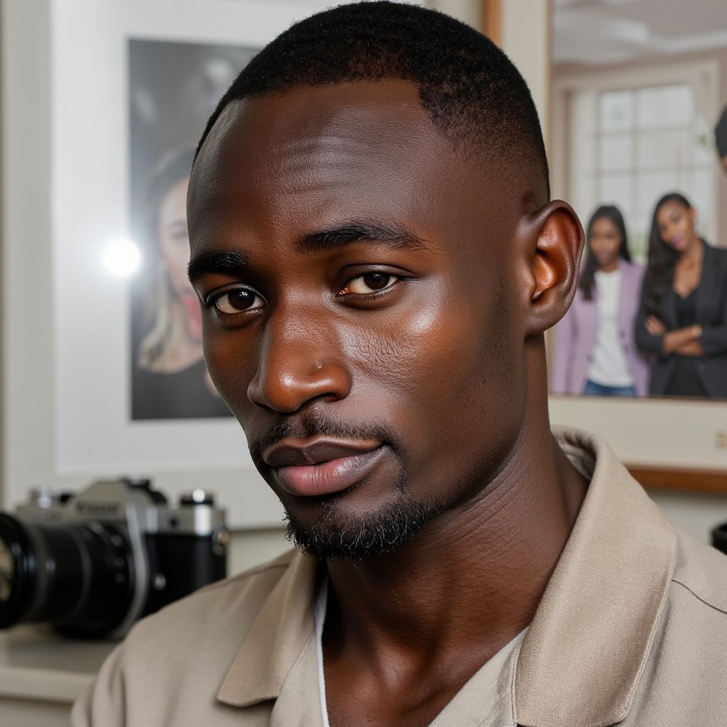 man in a modern, stylish look, photographed in a scene that honors the art and legacy of photography. A vintage camera is placed as a creative prop. The background features a softly blurred gallery wall with iconic photo prints and subtle lens flares. Studio lighting is perfectly balanced, sculpting his facial features with clarity and depth. His expression reflects calm focus and creative passion. Hyper-detailed, HDR quality, sharp focus
