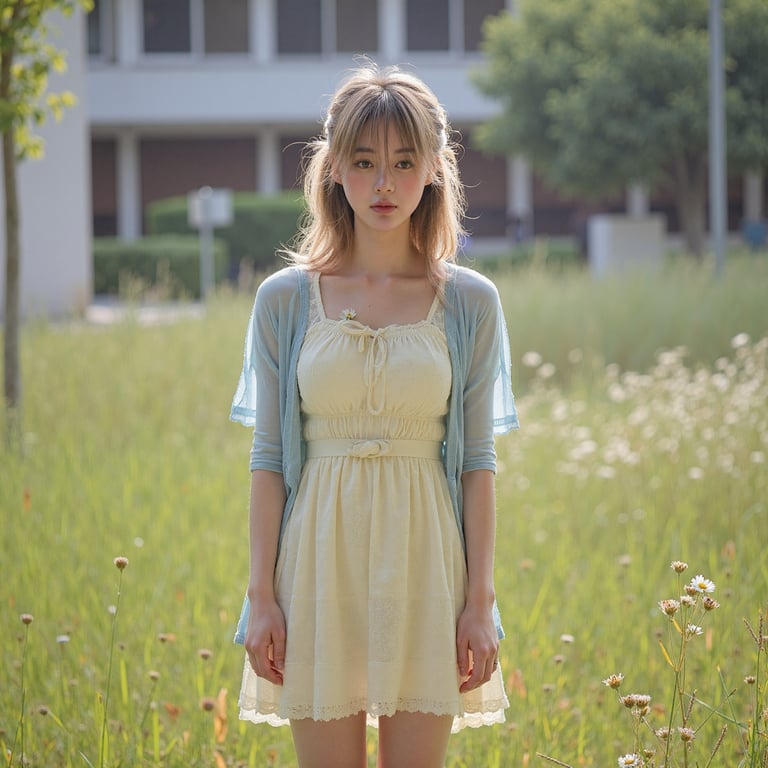 Ultra-realistic 1960s senior girl portrait taken outdoors in a meadow near the s