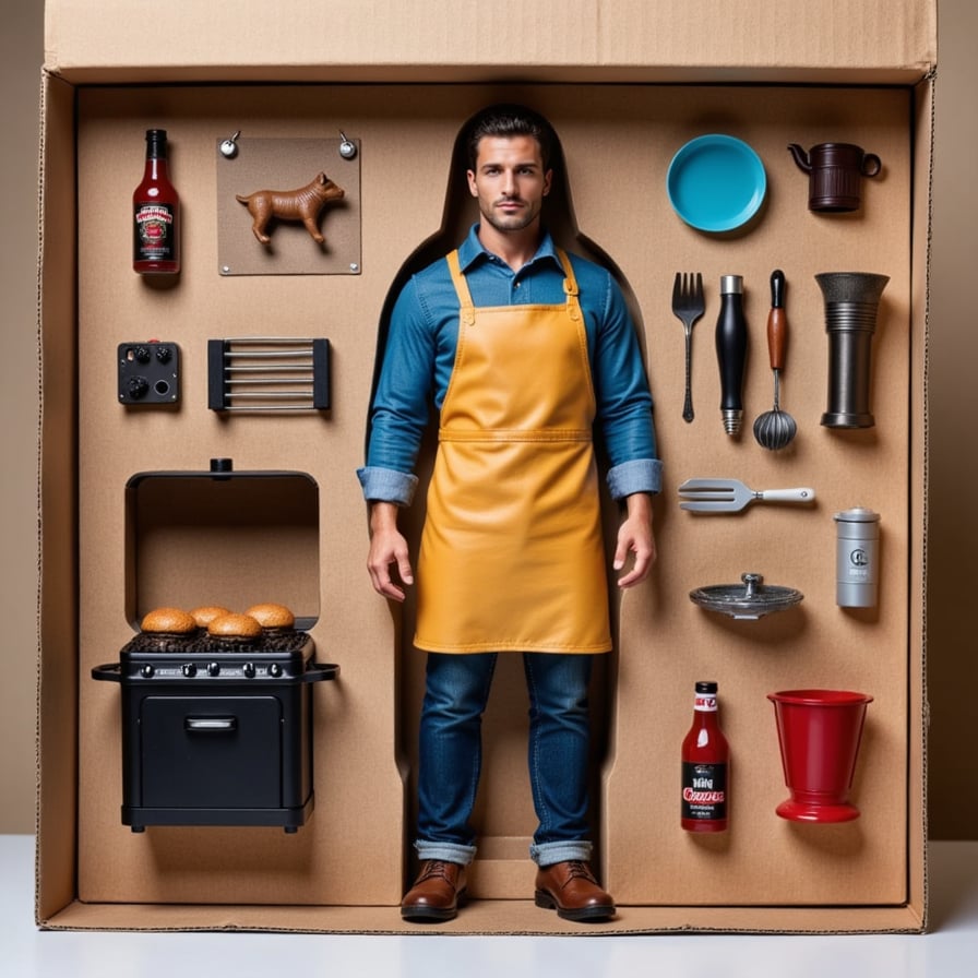 In a dad hat and apron, this figure stands near a miniature grill, tongs in hand. Accessories include: burgers, BBQ sauce bottle, cooler, and picnic table.