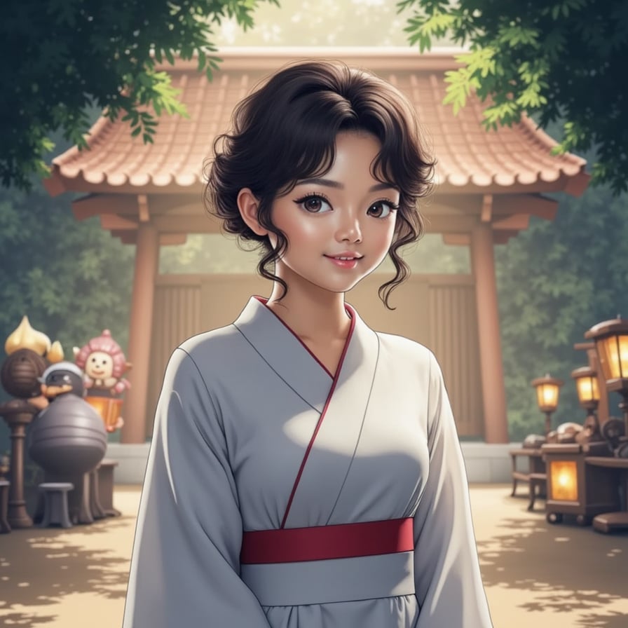 girl in a white kimono with a red sash, standing in front of a spirit world background with fantastical creatures and lanterns, inspired by Hayao Miyazaki's Spirited Away.