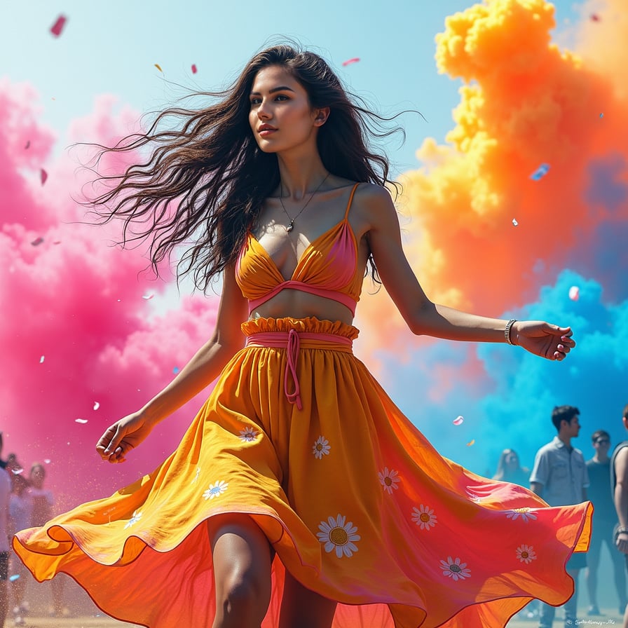 A vibrant sketch of a young woman dancing at a lively festival, her dress swirling around her as she moves to the rhythm of the music. The sketch is filled with splashes of bright colors—pink, orange, blue, and yellow—representing the energy and celebration in the air. Her expression is joyful, her hair flowing wildly in the wind, with abstract patterns and colorful smoke filling the background. 
