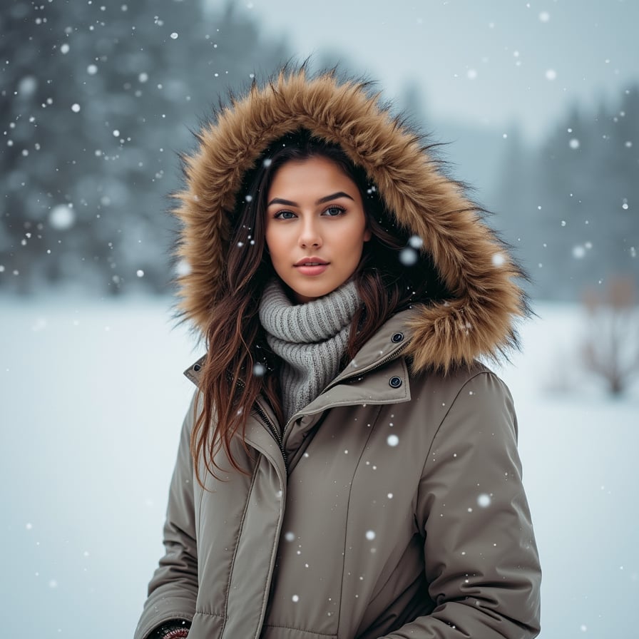 woman in warm winter coat and snow boots, surrounded by snowflakes, against a serene winter wonderland backdrop, with snow-covered trees and a frozen lake in the distance, capturing the magic of winter